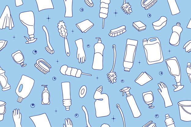 Seamless pattern of cleaning equipment Cleaning line icons Line of handdrawn equipment cleaning products and tools for washing and disinfecting the house bucket and mop detergent sprayer Vector