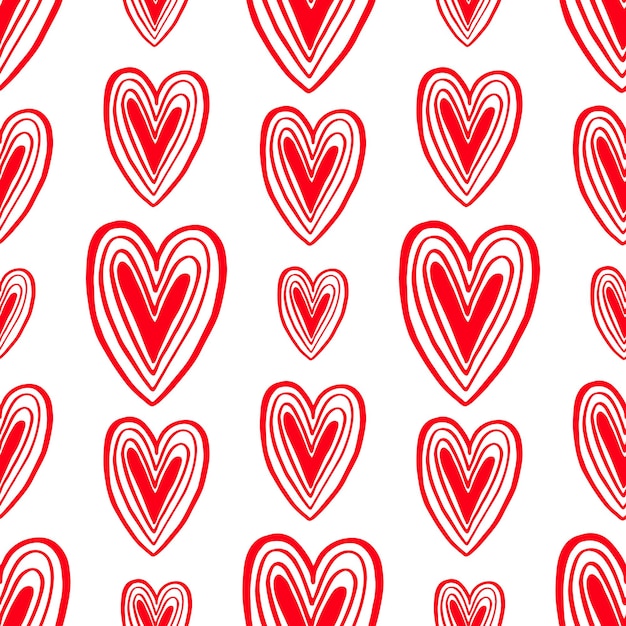 Seamless pattern of decorative handdrawn red hearts