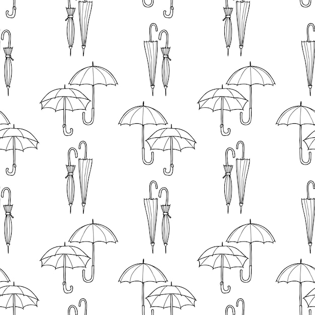 Seamless pattern of drawn open and closed umbrellas
