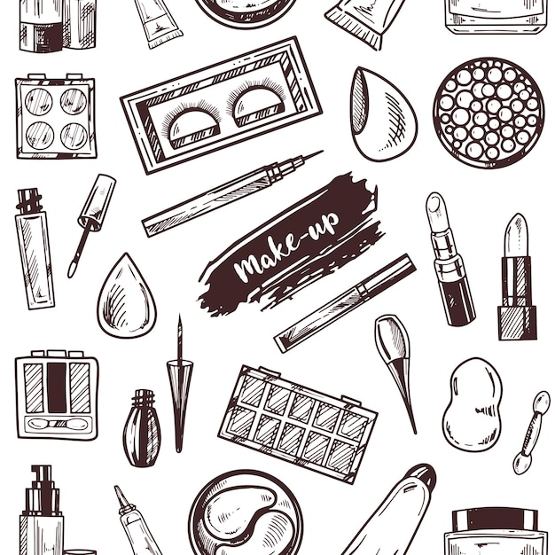 Seamless pattern of hand drawn doodle cosmetics beauty selfcare elementsfor beauty salon