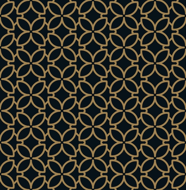 Seamless pattern of intersecting thin gold lines on black background Abstract seamless ornament