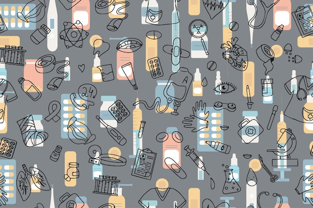 Seamless pattern of medical products medicines clothes first aid kit in doodle style on background of medical illustrations in flat style Vector illustration