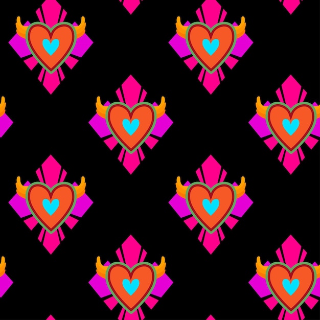 Seamless pattern of Mexican embroidery hearts on black background