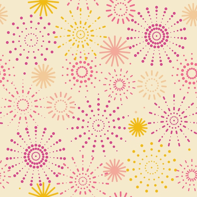 Seamless pattern of multicolored fireworks on a light background