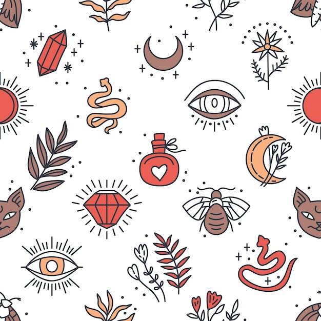 Seamless pattern of Mystical and Astrology objects in boho style