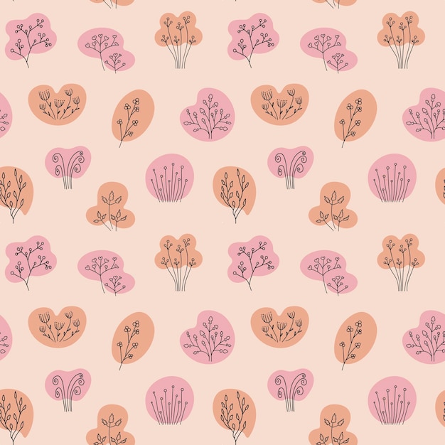 Seamless pattern of one line drawing abstract flowers grass on liquid shapes Trendy contour plants