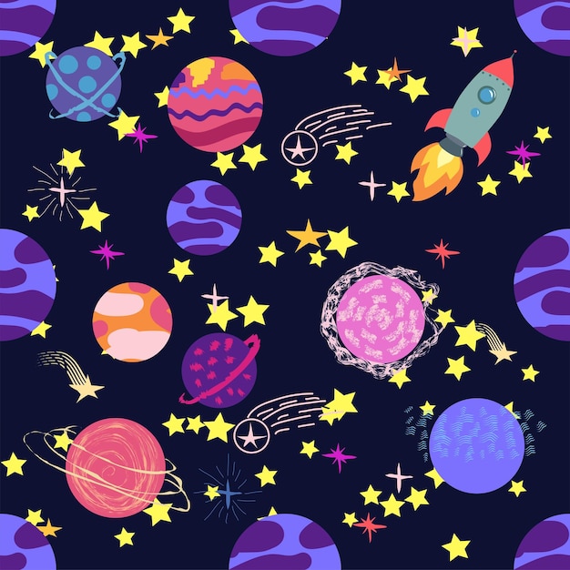 Seamless pattern of planets rockets and stars Cartoon planet
