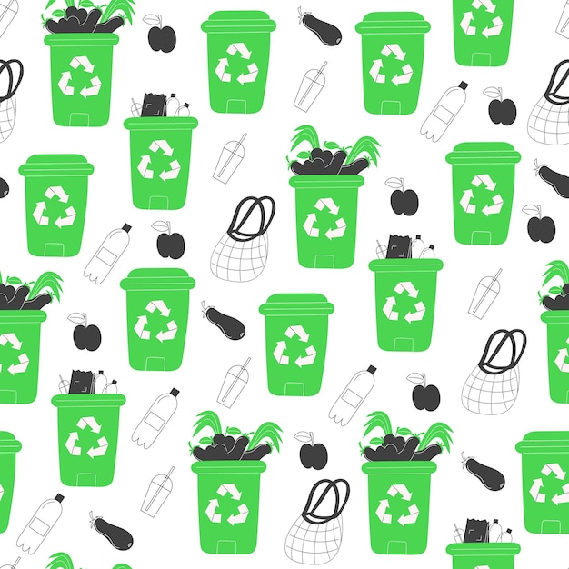 Seamless pattern of recycling waste bins and materials in flat style on white background
