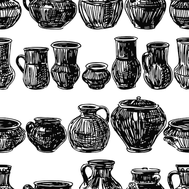 seamless pattern of sketches of various clayware