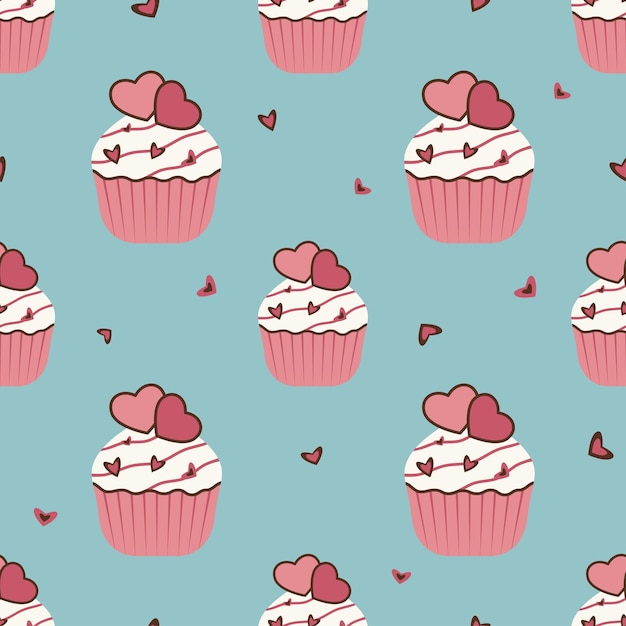 Seamless pattern of sweet cupcakes and hearts on a bright background decoration for Valentines Day