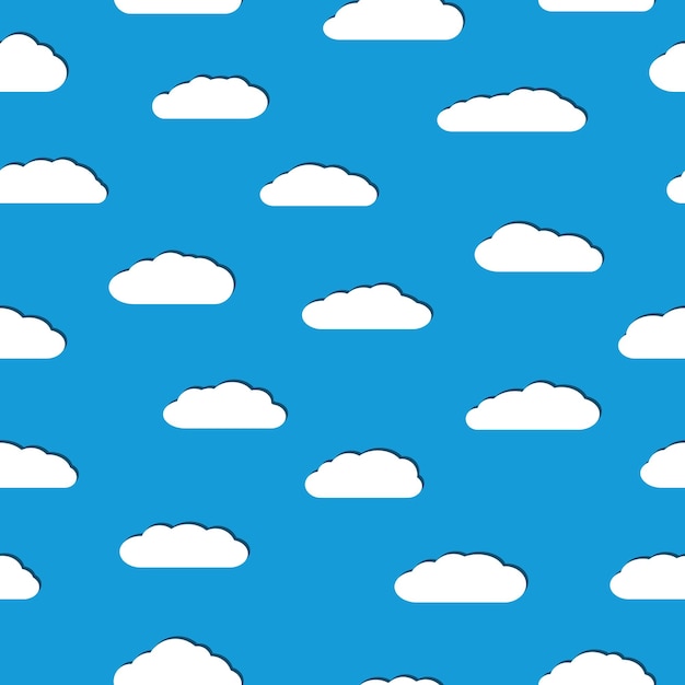 Seamless pattern of white clouds with shadows in flat style on light blue background