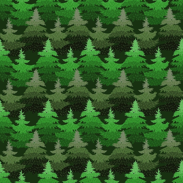 Seamless pattern of winter coniferous forest stylized light green and dark green fir trees