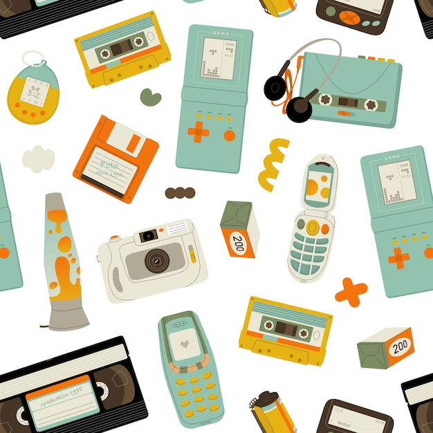seamless pattern of y2k gadgets elements from the 90s in a modern style