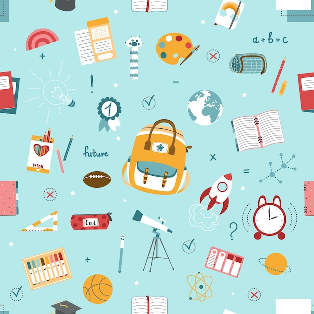 Seamless pattern on school theme, set of school tools, set of education icons, back to school