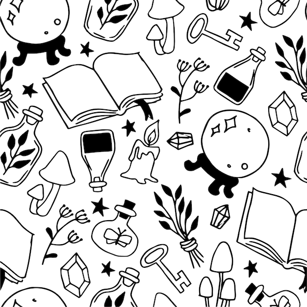 seamless pattern on the theme of magic witchcraft vintage black and white halloween print