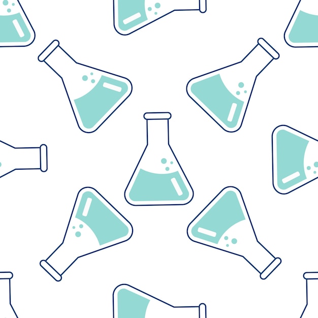 seamless pattern on the topic of chemistry with flasks test tubes molecules