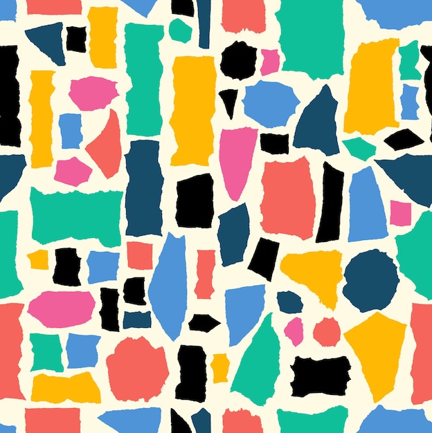 seamless pattern patchwork tiles colorful and black vector collage shape of ripped papers