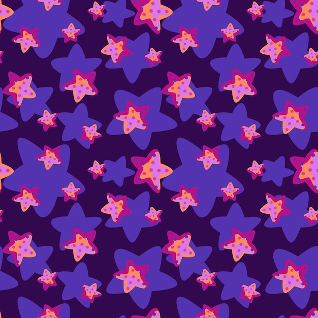 Seamless pattern purple stars isolated on dark background. Colorful template for textile, fabric, wallpapers. Vector design decorative print. Illustration for birthday card, party invitation.