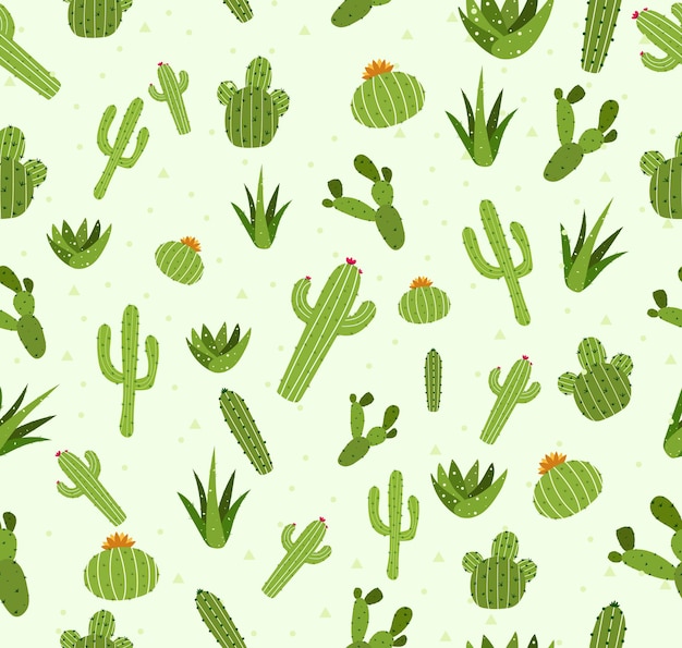 Seamless pattern various types of Cactus plants green nature Trees that live