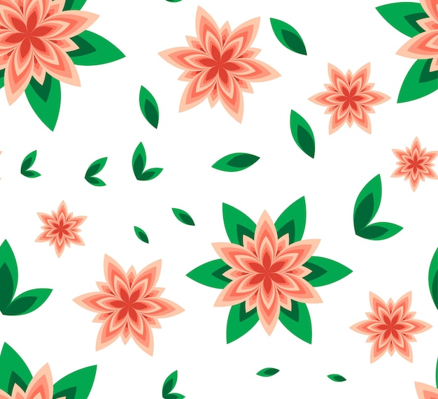 Seamless pattern vector flower pink with green leaf and geometric flower on white background