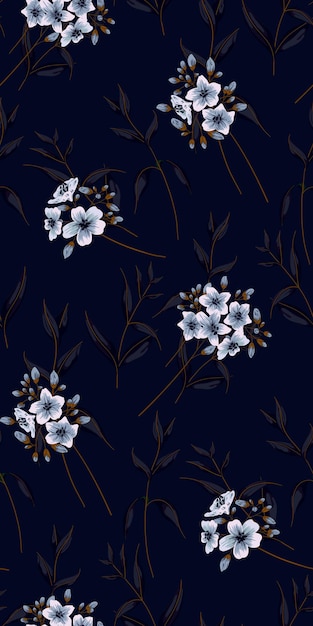 Seamless pattern, vector illustration. White flowers on a branch, dark leaves. Floral design for textiles and paper.