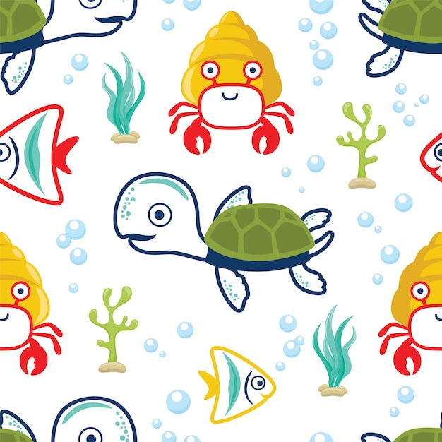 Seamless pattern vector of marine animals cartoon. Turtle, fish, hermit crab