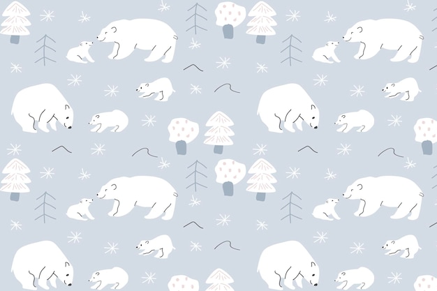 Seamless pattern white polar bear mom and baby