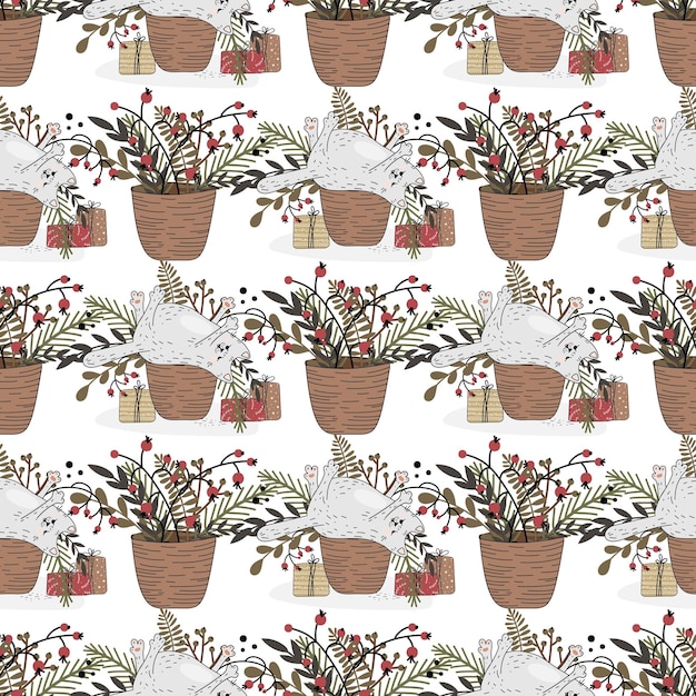 Seamless pattern with a cat. Christmas and cat. Cute, funny cat in a flat style.