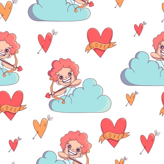 seamless pattern with a cupid, cherub, sitting on a cloud, in the sky, shoots arrows of love from a bow. Valentine's day