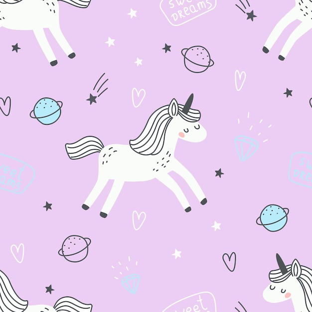 Seamless pattern with a cute unicorn on a pink background Vector illustration
