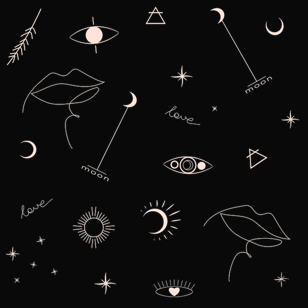seamless pattern with abstract astronomical objects in line art style in black and white