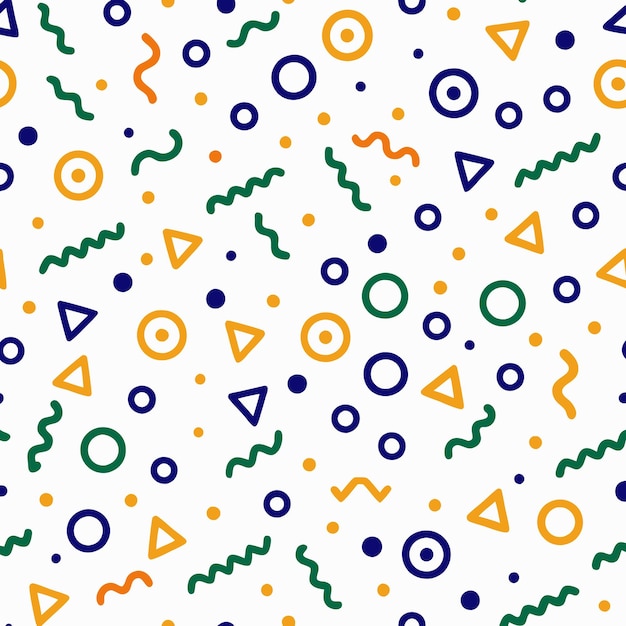 Seamless pattern with abstract shapes and dots in yellow green and blue on white background