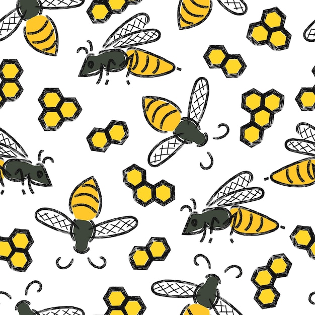 seamless pattern with bees and honeycombs vector honey background
