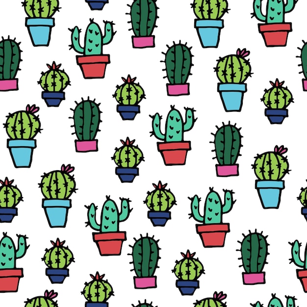Seamless pattern with bright cute doodle cacti