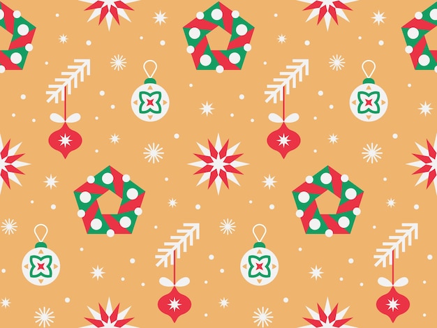 Seamless pattern with christmas tree decorations and christmas wreath on gold color background