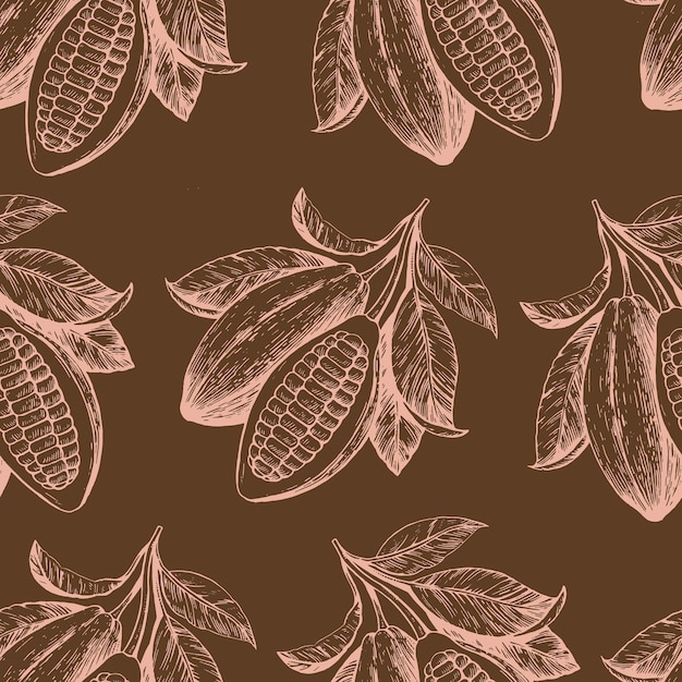 Seamless pattern with cocoa beans Handdrawn monochrome vector illustration