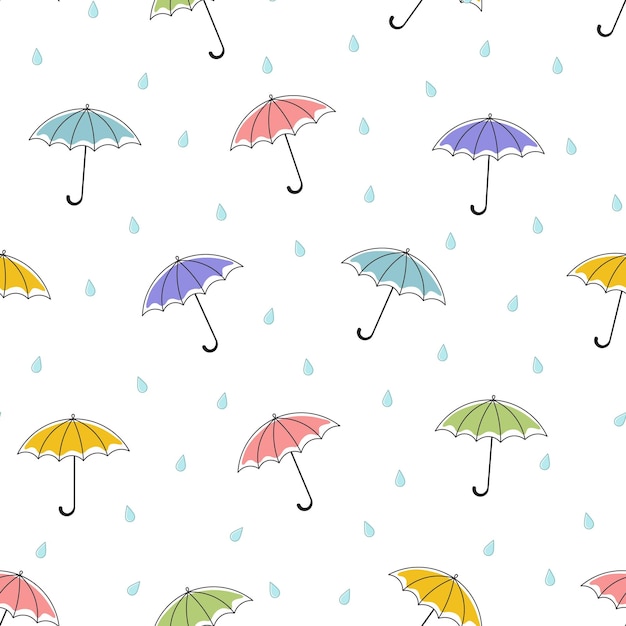 seamless pattern with colored umbrellas and rain drops vector illustration