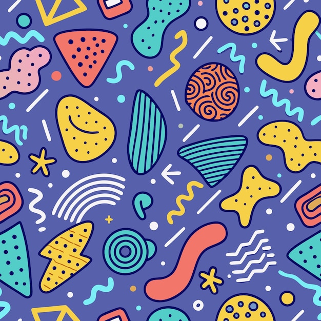 seamless pattern with colorful abstract geometric shapes on a purple background