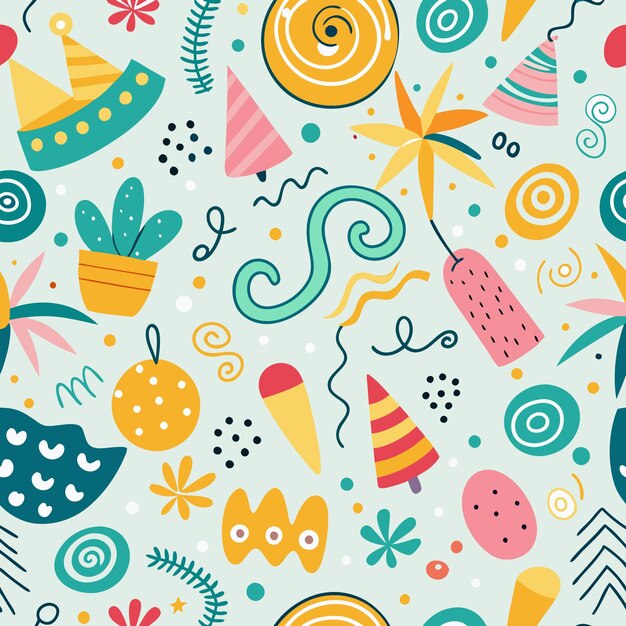 seamless pattern with colorful abstract shapes swirls dots and plants on a light blue background