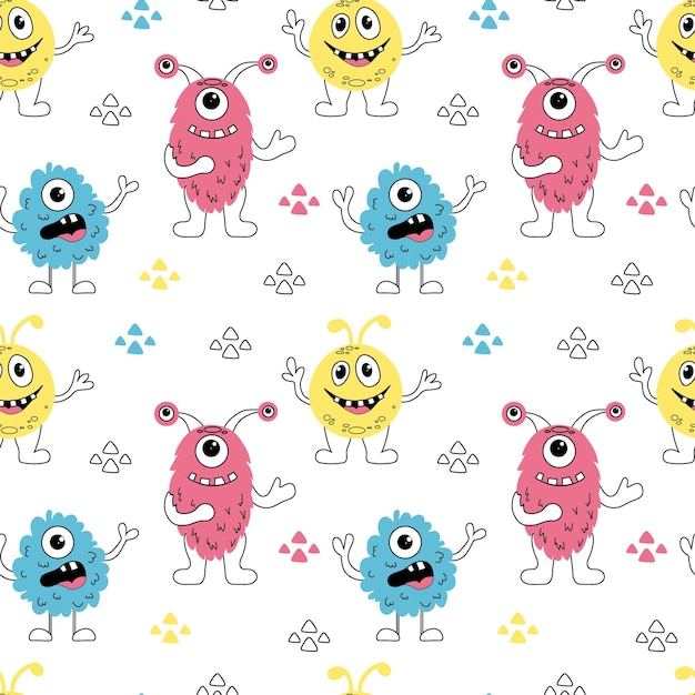 Seamless pattern with colorful cute monsters in doodle style Hand drawn aliens