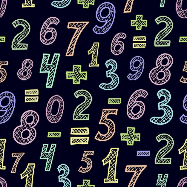 Seamless pattern with colorful doodle numbers on dark Hand drawn vector background