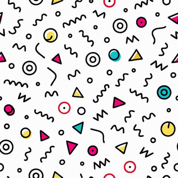 Seamless pattern with colorful geometric shapes and wavy lines in retro 80s style