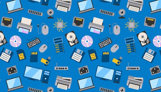 seamless pattern with computer hardware icons on blue background