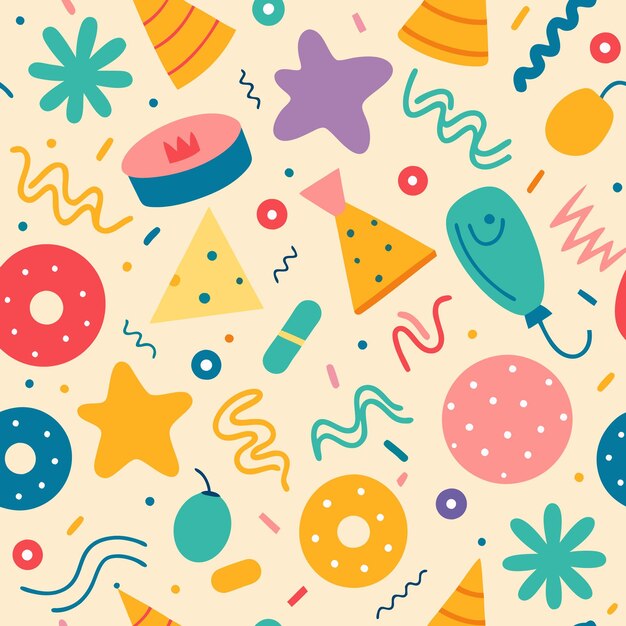 Seamless pattern with confetti party hats stars and donuts