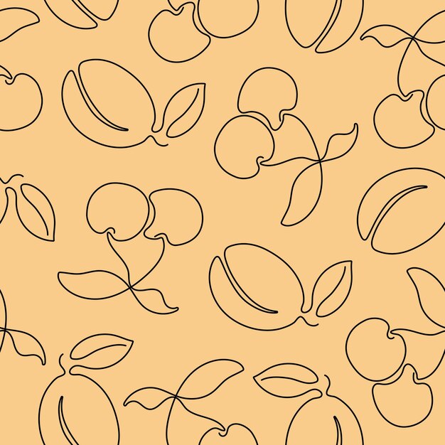 Seamless pattern with continuous one line drawing cherry and plum