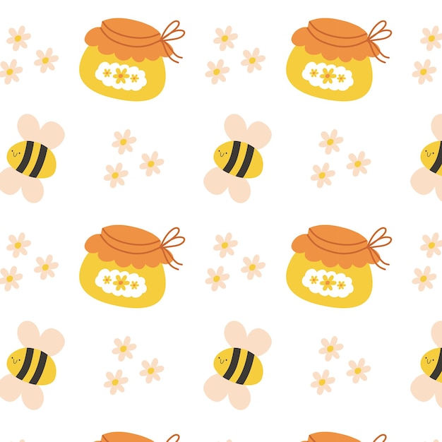 Seamless pattern with cute bees and flowers on white background