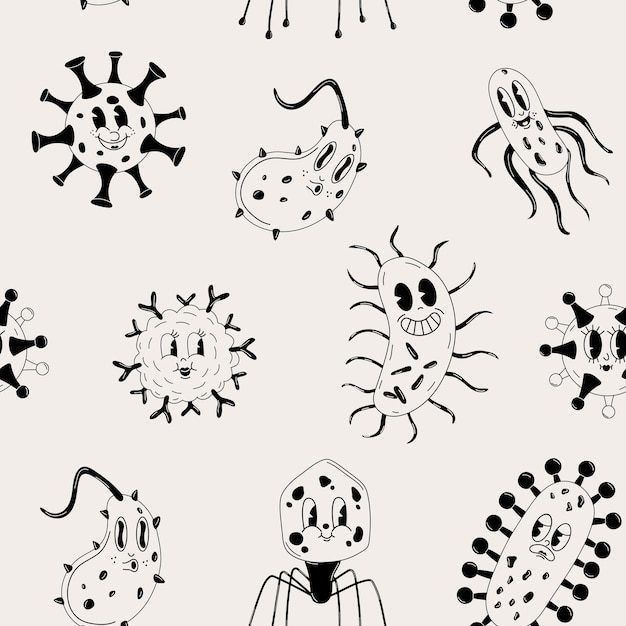 Seamless pattern with Cute Cartoon black and white bacteria virus character Old animation 60s 70s