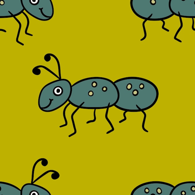 seamless pattern with cute cartoon doodle linear ant isolated on background.