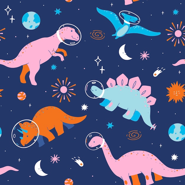 Seamless pattern with cute dinosaurs in space Vector image