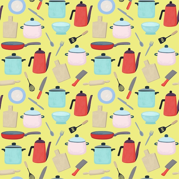 Seamless pattern with cute doodle kitchenware Vector colorful hand drawn illustration